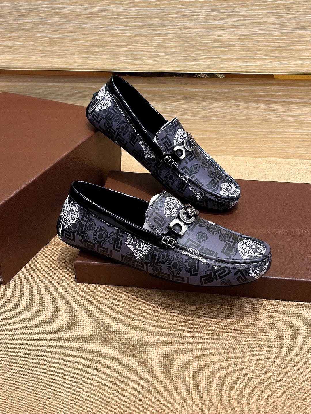 Versace Black and Gray Patterned Loafers