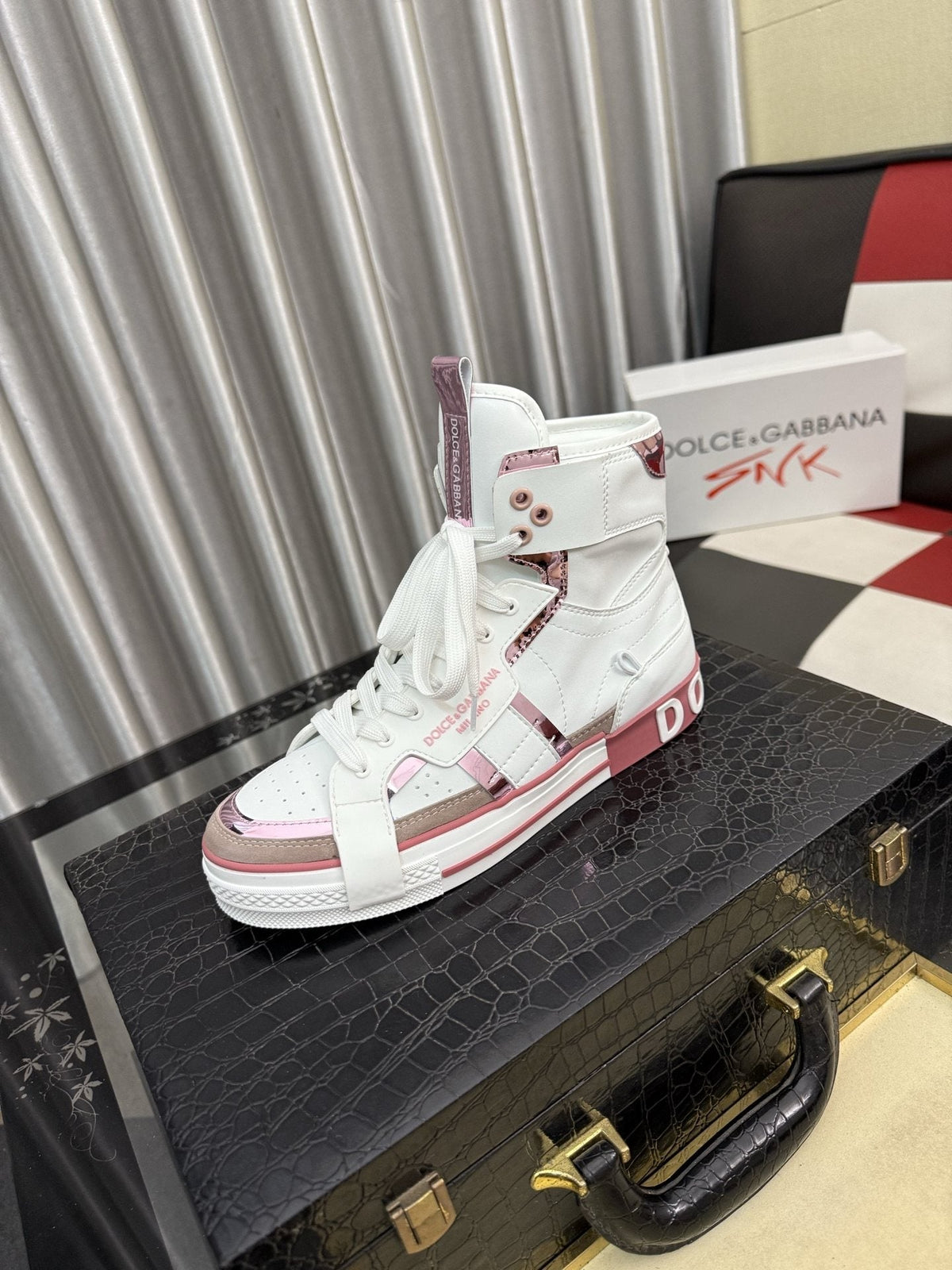 Dolce & Gabbana White and Pink High-Top Sneakers