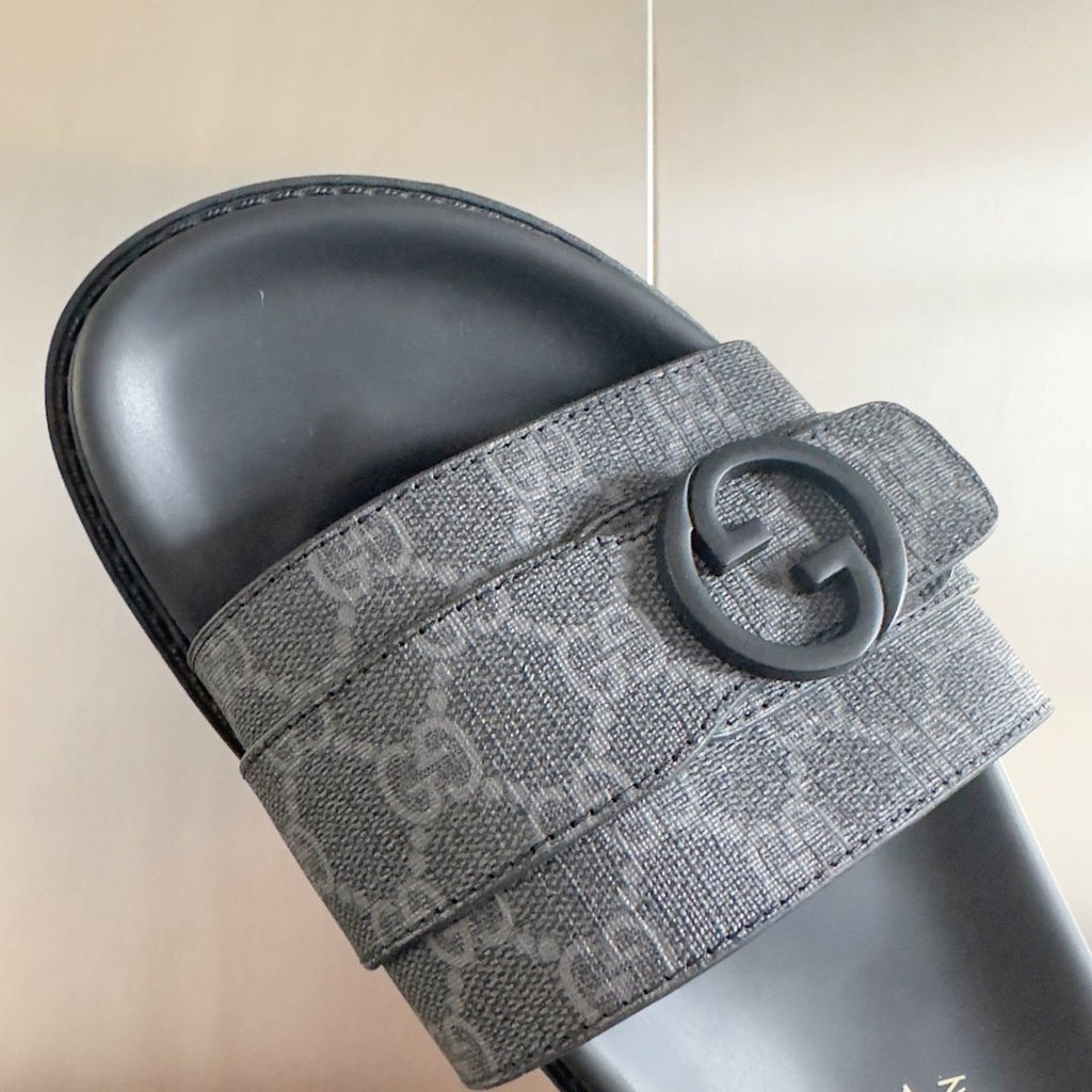 Gucci Gray Monogram Slide Sandals